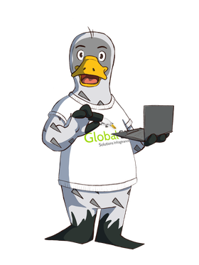 Otto, mascotte Global SI, devant un ordinateur